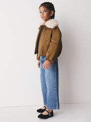 Olive Green Faux Fur Collar Satin Bomber Jacket (4-16yrs) - Image 5 of 8