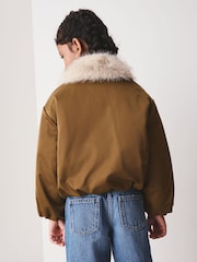 Olive Green Faux Fur Collar Satin Bomber Jacket (4-16yrs) - Image 6 of 8