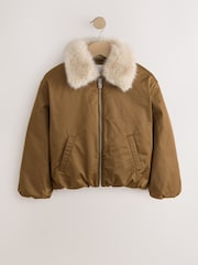 Olive Green Faux Fur Collar Satin Bomber Jacket (4-16yrs) - Image 9 of 13