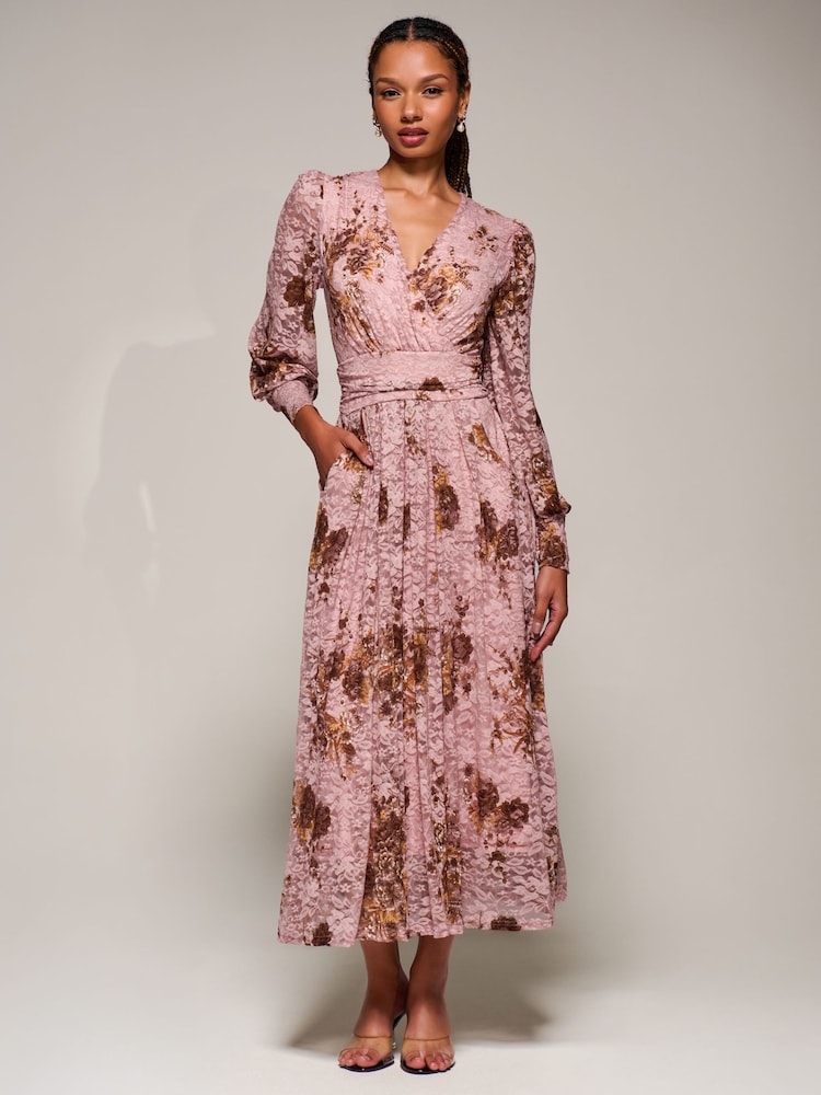 lace midaxi dress Womens Jolie Moi Pink Long Sleeve Printed Lace Midaxi Dress US 10