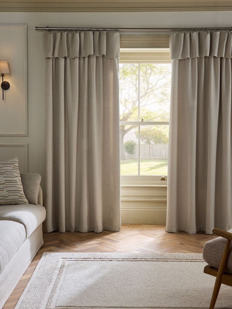 Natural Brushed Stripe Ruffle Top Fold Over Lined Curtains - Image 1 of 5 Natural Brushed Stripe Ruffle Top Fold Over Lined Curtains - Image 1 of 5