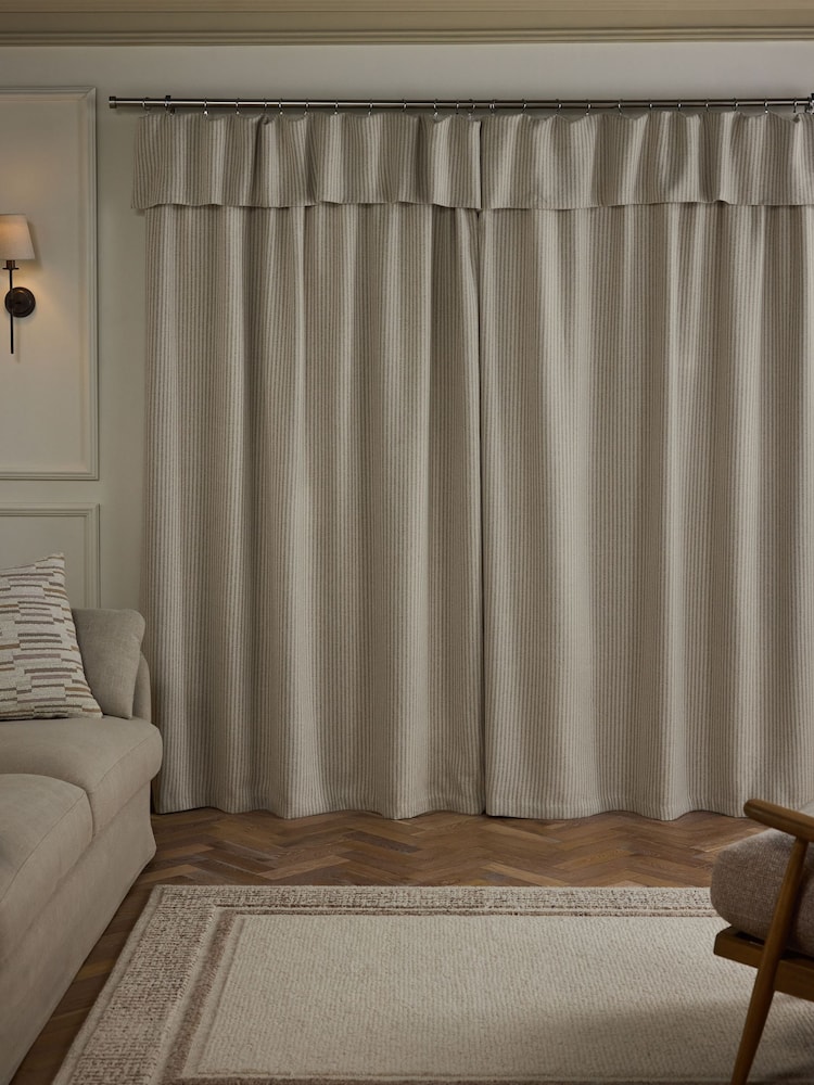 Natural Brushed Stripe Ruffle Top Fold Over Lined Curtains - Image 2 of 5 Natural Brushed Stripe Ruffle Top Fold Over Lined Curtains - Image 2 of 5