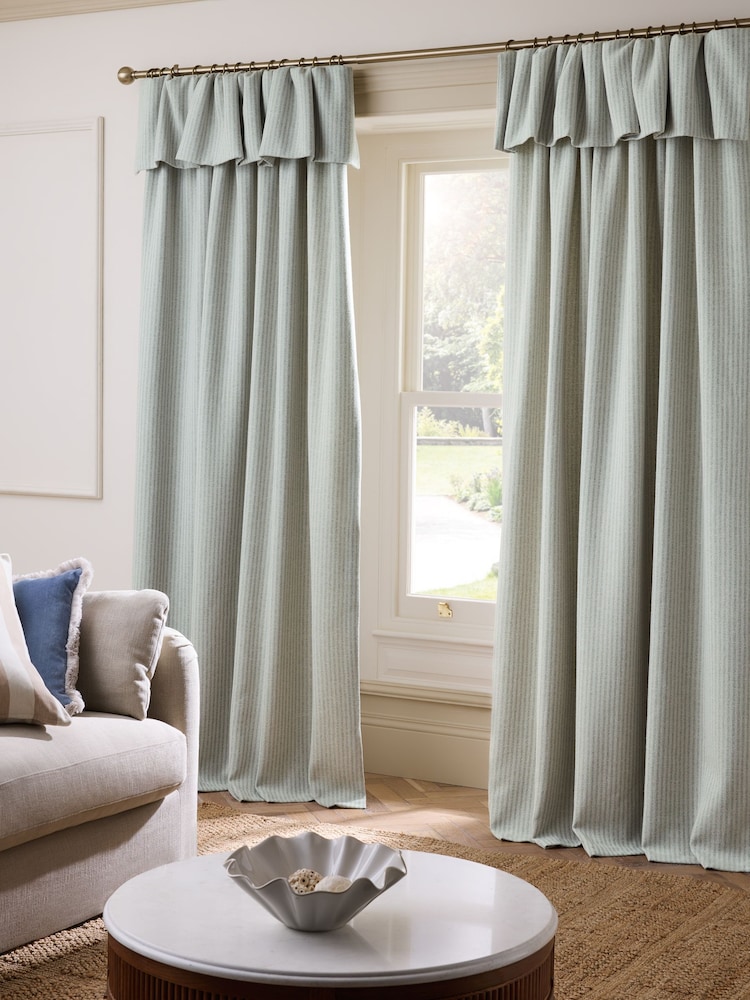Blue Brushed Stripe Ruffle Top Fold Over Lined Curtains - Image 1 of 6 Blue Brushed Stripe Ruffle Top Fold Over Lined Curtains - Image 1 of 6