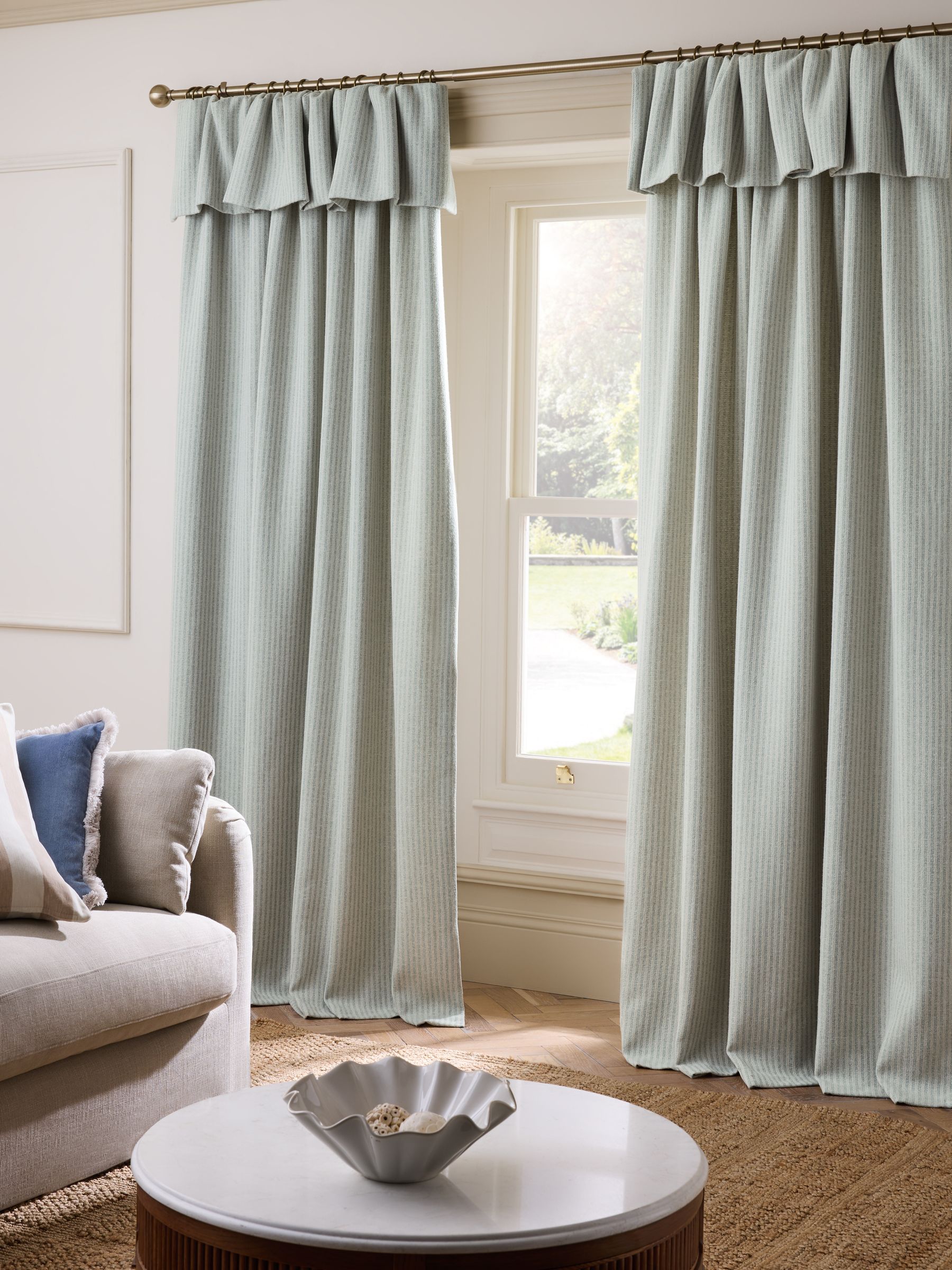 Buy Blue Brushed Stripe Ruffle Top Fold Over Lined Curtains from