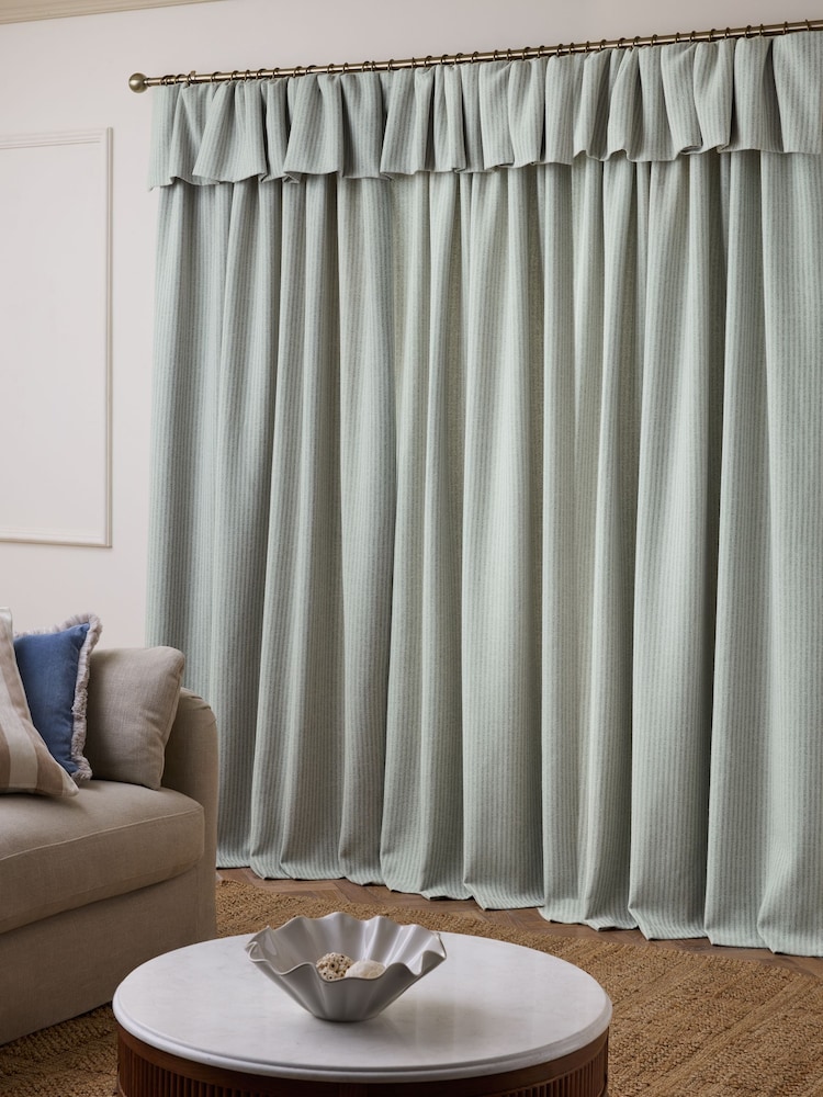 Blue Brushed Stripe Ruffle Top Fold Over Lined Curtains - Image 2 of 6 Blue Brushed Stripe Ruffle Top Fold Over Lined Curtains - Image 2 of 6