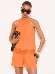 Lipsy Orange Lace Hem Halter Neck Top - Image 1 of 5