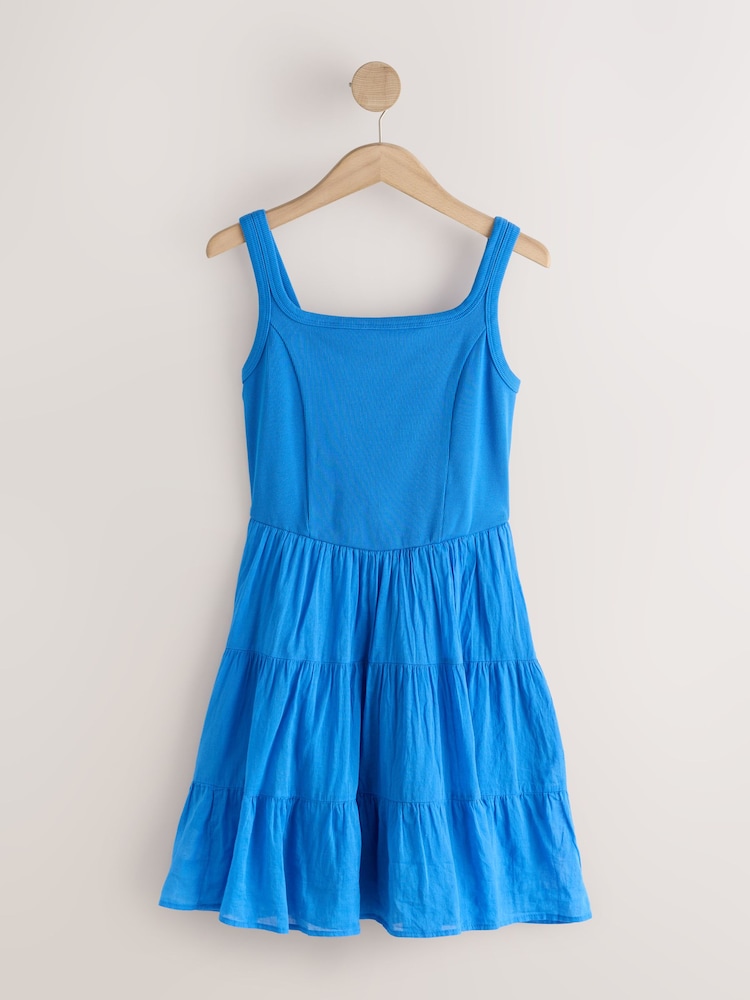 Cobalt Blue Square Neck Mini Tiered Summer Dress - Image 1 of 3