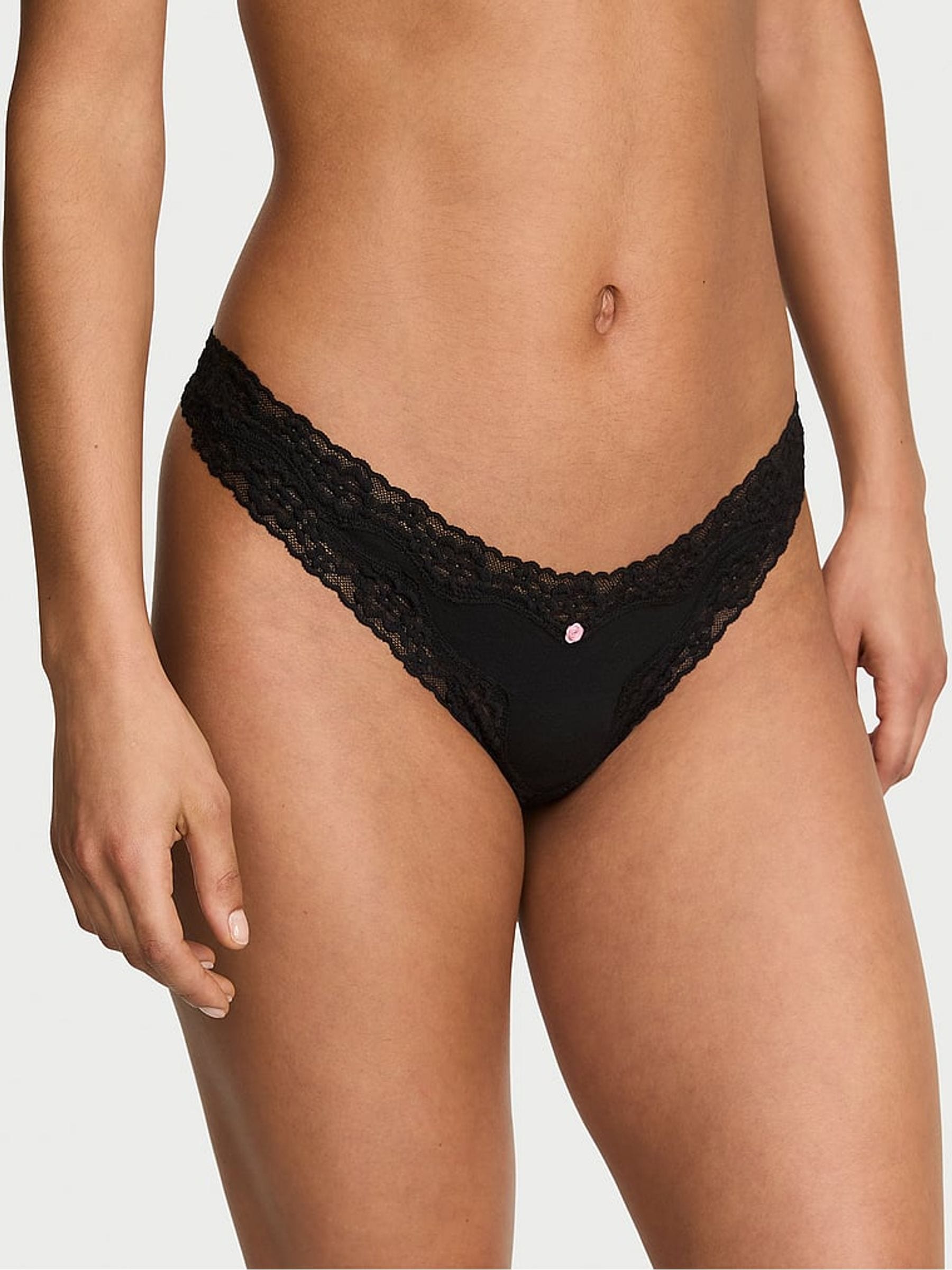 Victoria's Secret Black Thong Cotton Lace Waist Knickers
