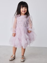 Baker by Ted Baker Pink Mesh Long Sleeve Embroidered Detail Dress - Image 1 of 15
