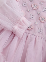Baker by Ted Baker Pink Mesh Long Sleeve Embroidered Detail Dress - Image 10 of 15