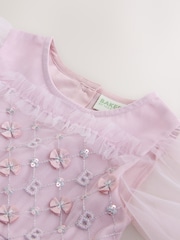 Baker by Ted Baker Pink Mesh Long Sleeve Embroidered Detail Dress - Image 15 of 15