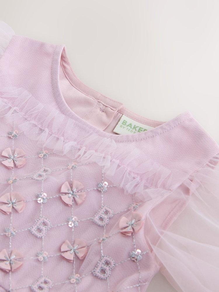 Baker by Ted Baker Pink Mesh Long Sleeve Embroidered Detail Dress - Image 15 of 15 Baker by Ted Baker Pink Mesh Long Sleeve Embroidered Detail Dress - Image 15 of 15