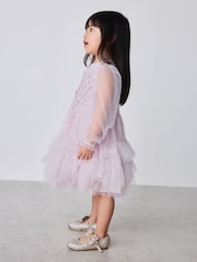 Baker by Ted Baker Pink Mesh Long Sleeve Embroidered Detail Dress - Image 3 of 15