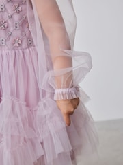 Baker by Ted Baker Pink Mesh Long Sleeve Embroidered Detail Dress - Image 4 of 15