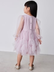 Baker by Ted Baker Pink Mesh Long Sleeve Embroidered Detail Dress - Image 5 of 15
