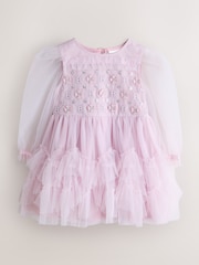 Baker by Ted Baker Pink Mesh Long Sleeve Embroidered Detail Dress - Image 7 of 15