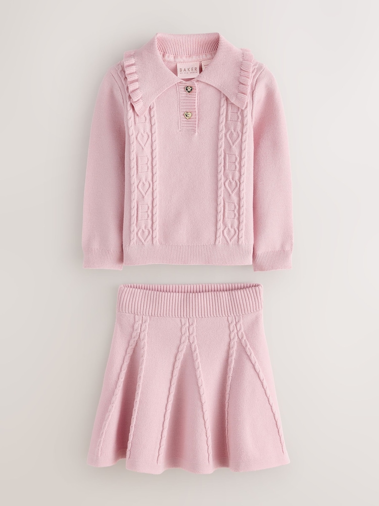 Baker by Ted Baker Pink 2 Piece Knitted Collar Top & Skirt Set - Image 1 of 7 Baker by Ted Baker Pink 2 Piece Knitted Collar Top & Skirt Set - Image 1 of 7