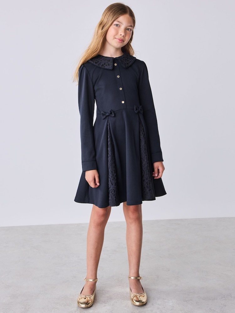 海軍藍 - Baker by Ted Baker Lace Collar Pleated Ponte Dress - 圖片 1/11
