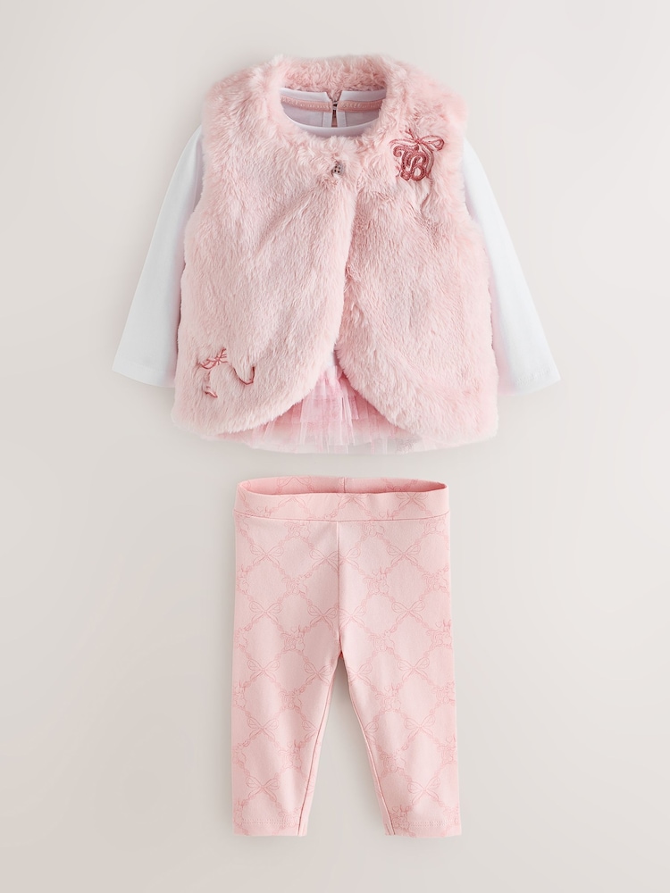 Baker by Ted Baker 3 Piece Fur Gilet T-Shirt & Printed Leggings Set - Imagen 1 de 10