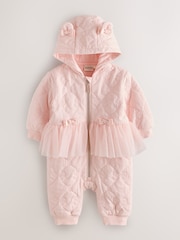 Baker by Ted Baker Blush Pink B Jacquard Quilted Mesh Peplum Pramsuit - Image 1 of 7