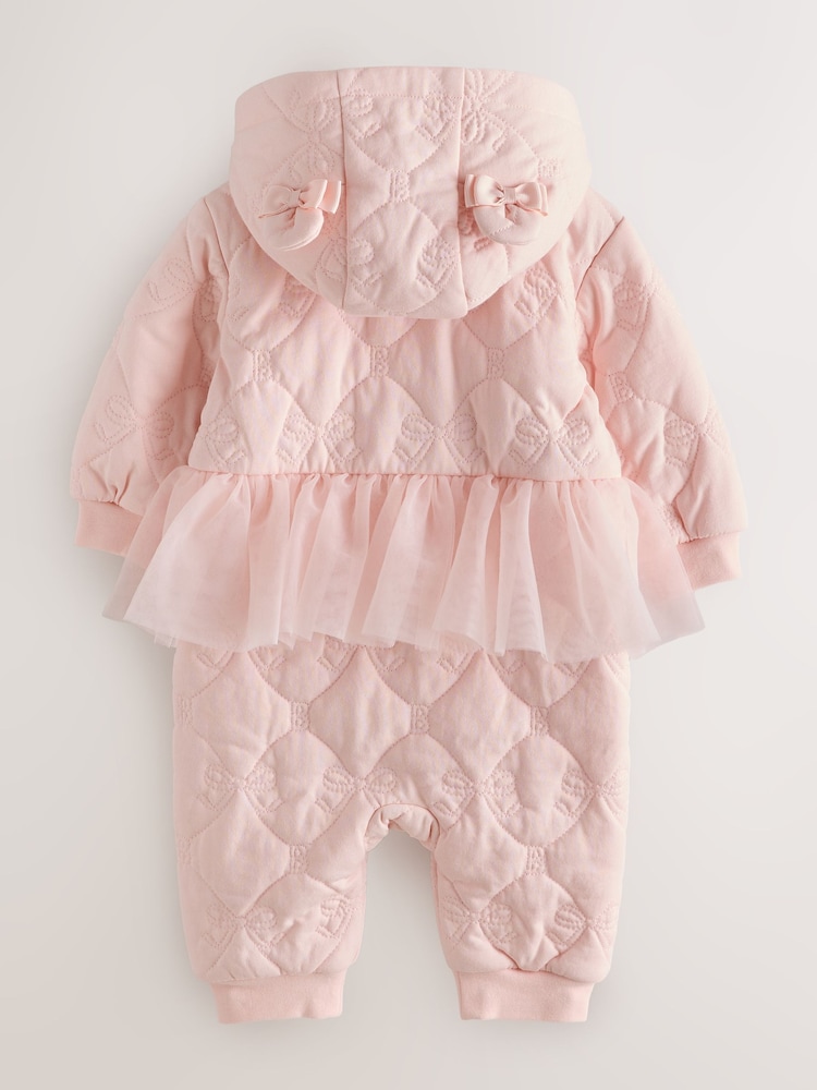 Baker by Ted Baker Blush Pink B Jacquard Quilted Mesh Peplum Pramsuit - Image 2 of 7 Baker by Ted Baker Blush Pink B Jacquard Quilted Mesh Peplum Pramsuit - Image 2 of 7