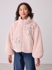 Baker by Ted Baker Pink Bow Sequin Embellished Faux Fur Coat - Image 1 of 11