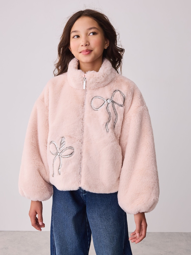 Baker by Ted Baker Pink Bow Sequin Embellished Faux Fur Coat - Image 1 of 11