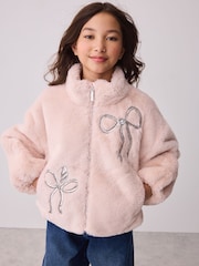 Baker by Ted Baker Pink Bow Sequin Embellished Faux Fur Coat - Image 3 of 11