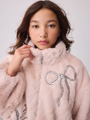 Baker by Ted Baker Pink Bow Sequin Embellished Faux Fur Coat - Image 4 of 11