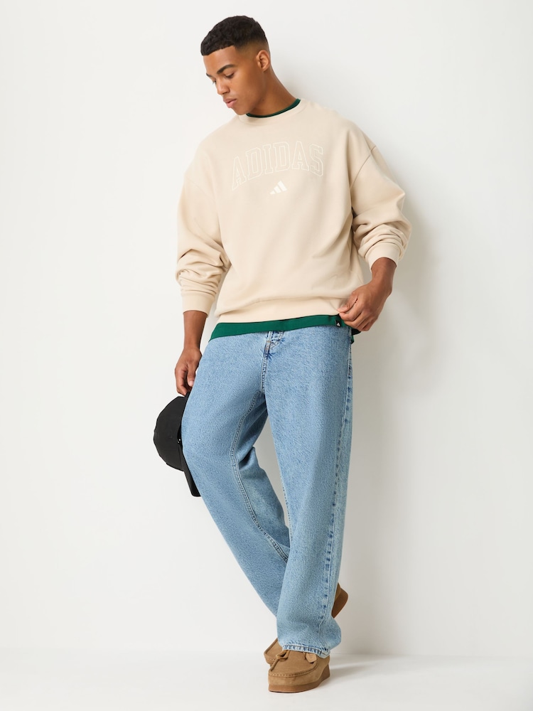 adidas Beige Seasonal Essentials Collegiate Fleece Crew Sweatshirt - Image 2 of 5 adidas Beige Seasonal Essentials Collegiate Fleece Crew Sweatshirt - Image 2 of 5