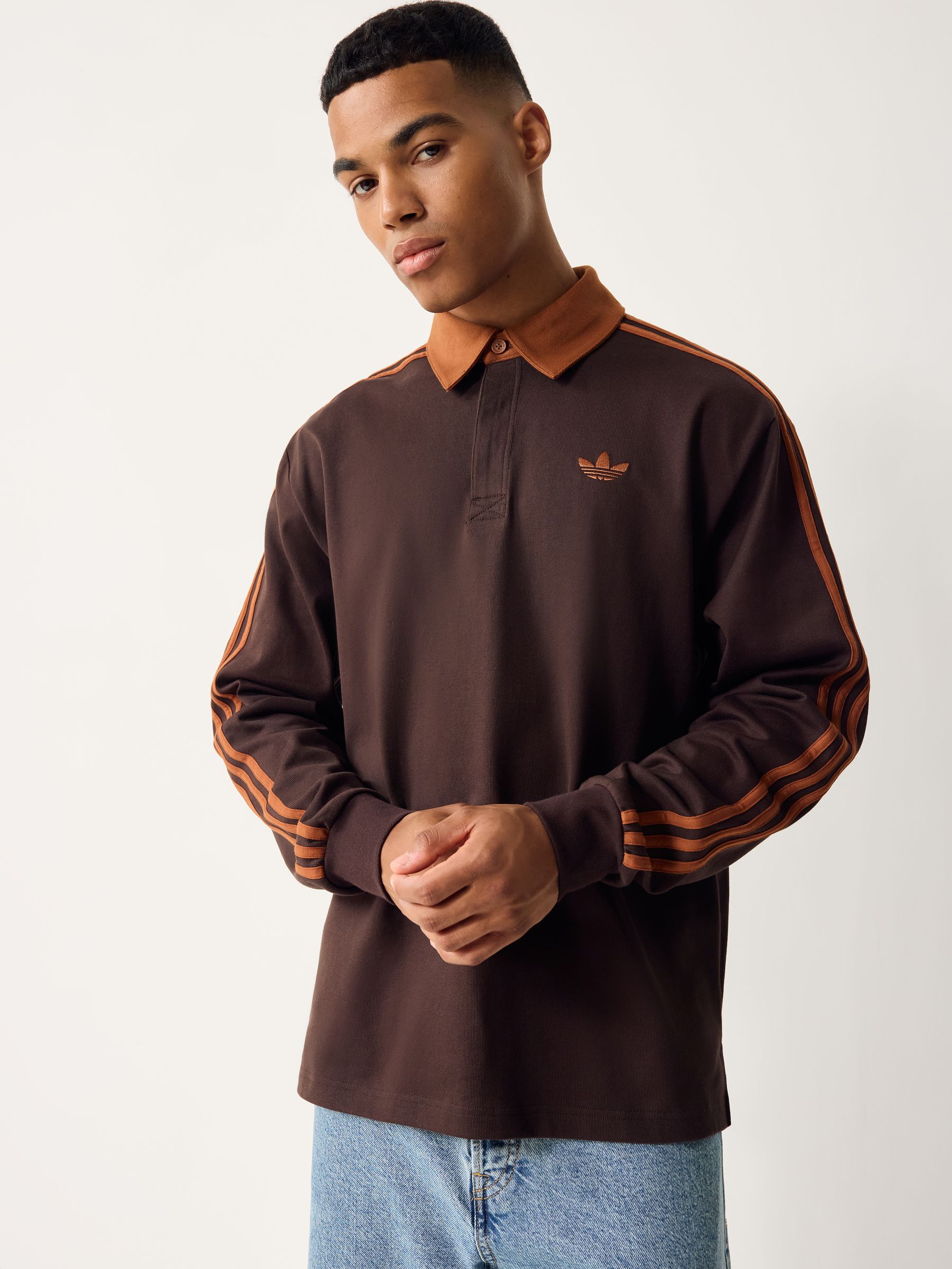 Buy adidas Originals Brown/Orange 3 Stripes Rugby Long Sleeve Polo