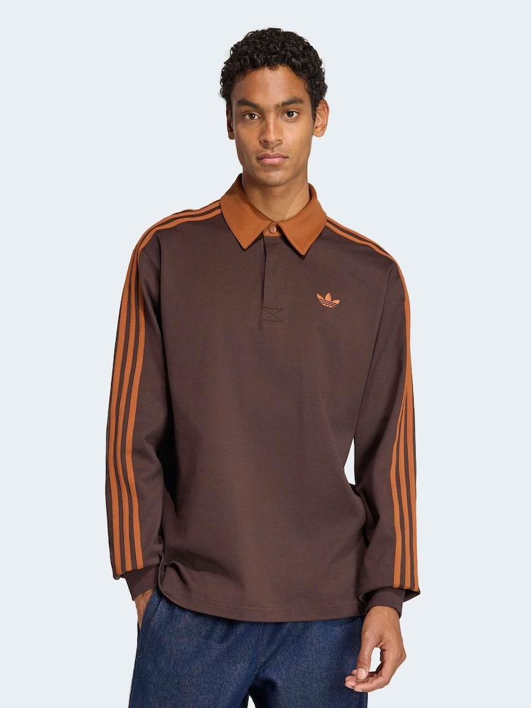 adidas Originals Brown/Orange 3 Stripes Rugby Long Sleeve Polo Shirt - Image 1 of 6 adidas Originals Brown/Orange 3 Stripes Rugby Long Sleeve Polo Shirt - Image 1 of 6