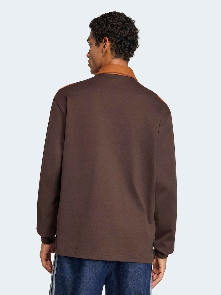 adidas Originals Brown/Orange 3 Stripes Rugby Long Sleeve Polo Shirt - Image 2 of 6 adidas Originals Brown/Orange 3 Stripes Rugby Long Sleeve Polo Shirt - Image 2 of 6