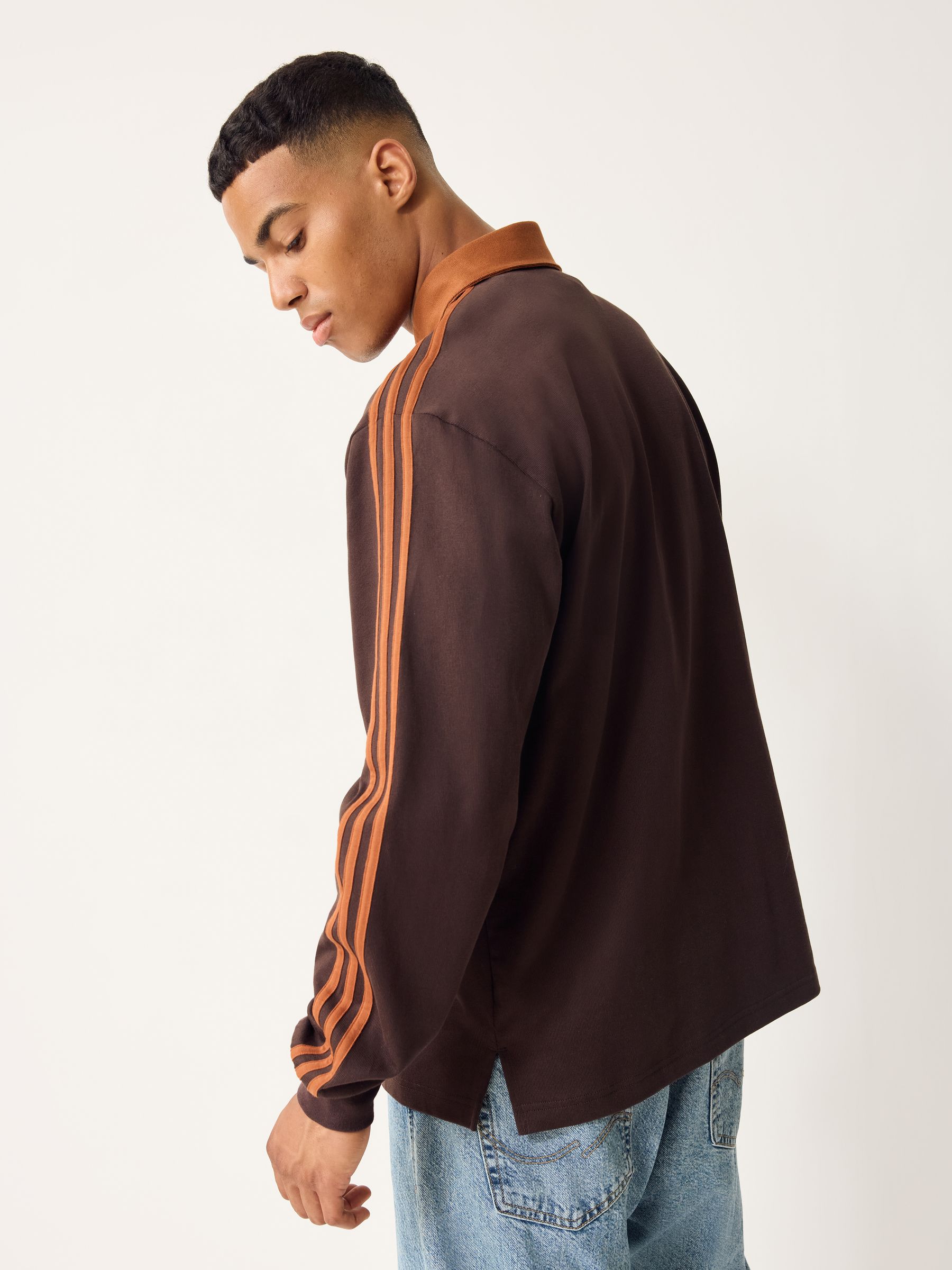 Buy adidas Originals Brown/Orange 3 Stripes Rugby Long Sleeve Polo