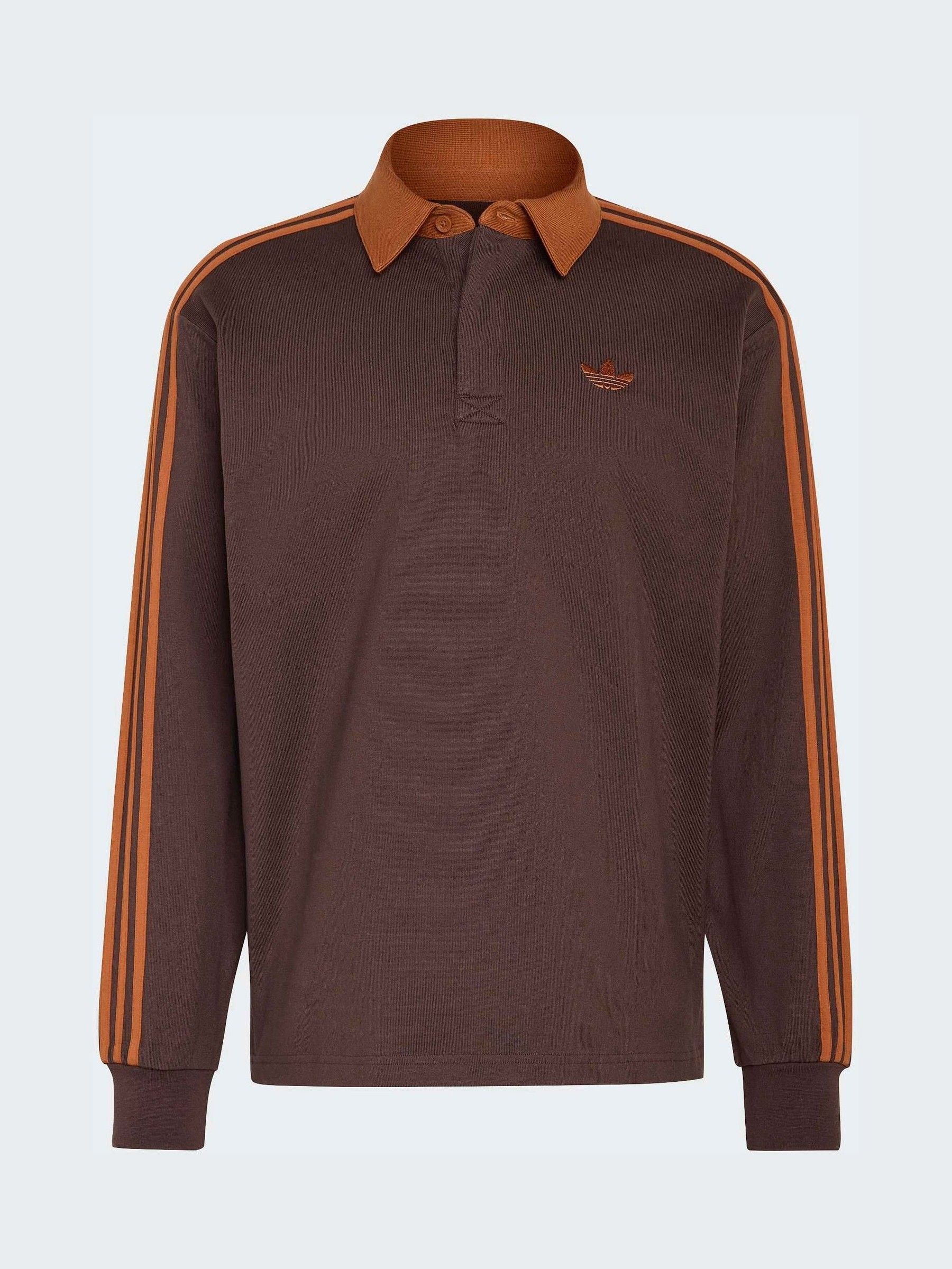 Buy adidas Originals Brown/Orange 3 Stripes Rugby Long Sleeve Polo