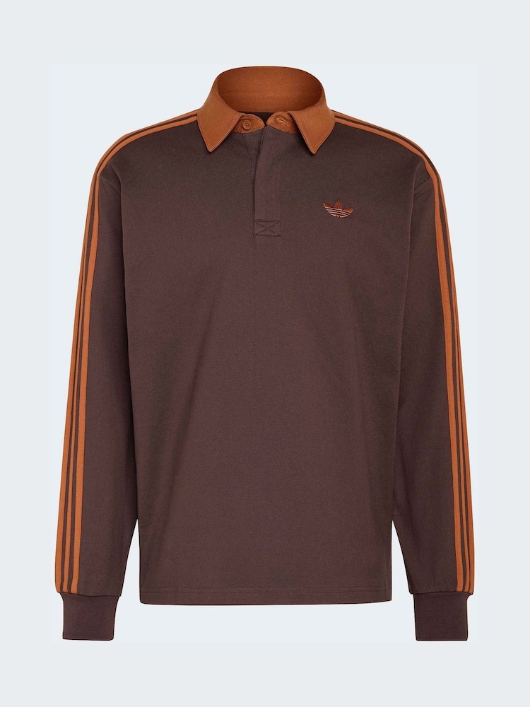 adidas Originals Brown/Orange 3 Stripes Rugby Long Sleeve Polo Shirt - Image 6 of 6 adidas Originals Brown/Orange 3 Stripes Rugby Long Sleeve Polo Shirt - Image 6 of 6