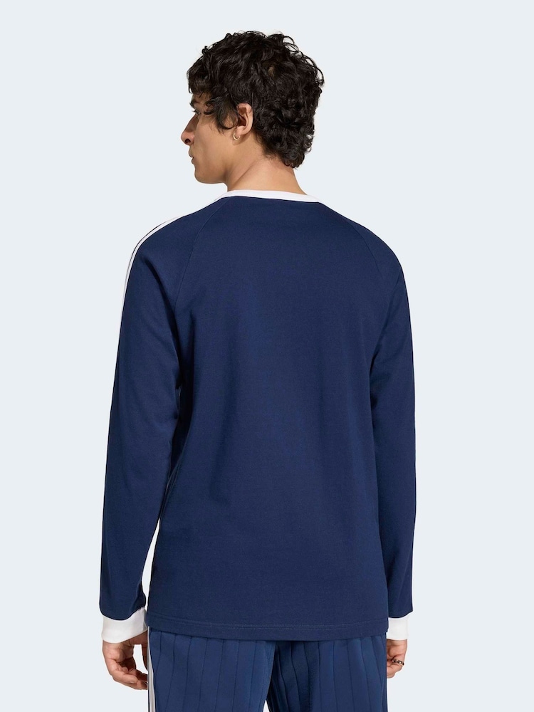 adidas Originals Blue 3-Stripes Long Sleeve T-Shirt - Image 2 of 6 adidas Originals Blue 3-Stripes Long Sleeve T-Shirt - Image 2 of 6