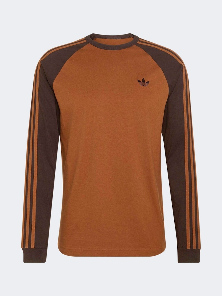 adidas Originals Brown 3-Stripes Long Sleeve T-Shirt - Image 6 of 6