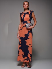 Jolie Moi Orange Slash Neck Fit & Flare Mesh Maxi Dress - Image 1 of 6