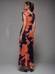 Jolie Moi Orange Slash Neck Fit & Flare Mesh Maxi Dress - Image 2 of 6
