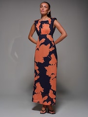 Jolie Moi Orange Slash Neck Fit & Flare Mesh Maxi Dress - Image 6 of 6