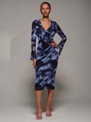 Jolie Moi Blue Ruffle V-Neckline Mesh Bodycon Midaxi Dress - Image 1 of 6