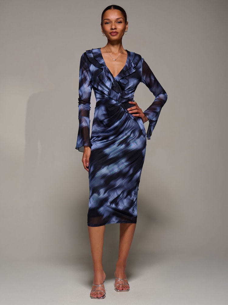 Jolie Moi Blue Ruffle V-Neckline Mesh Bodycon Midaxi Dress - Image 1 of 6 Jolie Moi Blue Ruffle V-Neckline Mesh Bodycon Midaxi Dress - Image 1 of 6