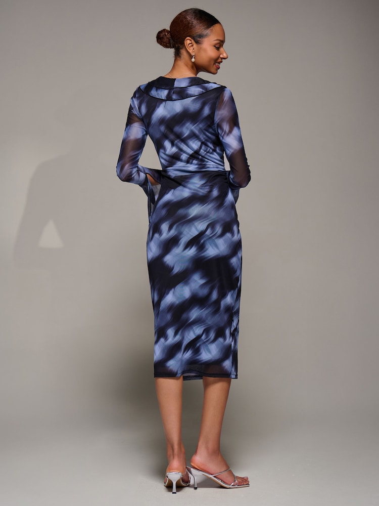 Jolie Moi Blue Ruffle V-Neckline Mesh Bodycon Midaxi Dress - Image 2 of 6 Jolie Moi Blue Ruffle V-Neckline Mesh Bodycon Midaxi Dress - Image 2 of 6