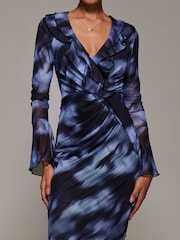 Jolie Moi Blue Ruffle V-Neckline Mesh Bodycon Midaxi Dress - Image 3 of 6