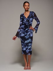 Jolie Moi Blue Ruffle V-Neckline Mesh Bodycon Midaxi Dress - Image 4 of 6