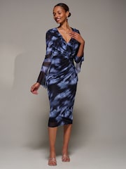 Jolie Moi Blue Ruffle V-Neckline Mesh Bodycon Midaxi Dress - Image 5 of 6