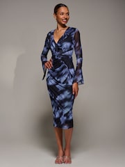 Jolie Moi Blue Ruffle V-Neckline Mesh Bodycon Midaxi Dress - Image 6 of 6