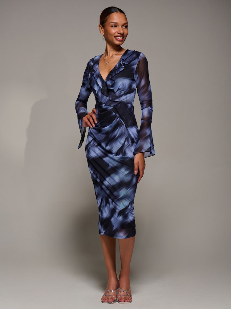 Jolie Moi Blue Ruffle V-Neckline Mesh Bodycon Midaxi Dress - Image 6 of 6 Jolie Moi Blue Ruffle V-Neckline Mesh Bodycon Midaxi Dress - Image 6 of 6