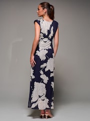 Jolie Moi Blue Slash Neck Fit & Flare Mesh Maxi Dress - Image 2 of 6